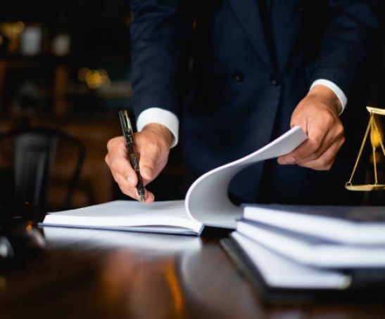 Close up lawyer businessman working or reading lawbook in office workplace for consultant lawyer concept.